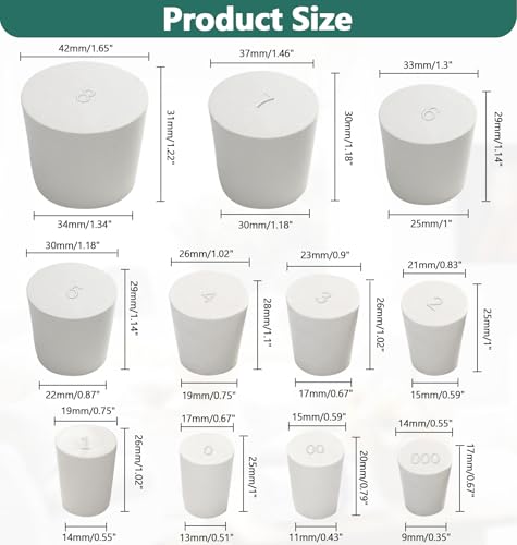 Bonsicoky 24 Pack Solid Rubber Stoppers, 11 Assorted Sizes (000#-8#) | White, Tapered Shaped, Lab Bungs Plug, For Flask, Plug Holes, Test Tube - size: 000# - 8# - 11 Assorted Sizes