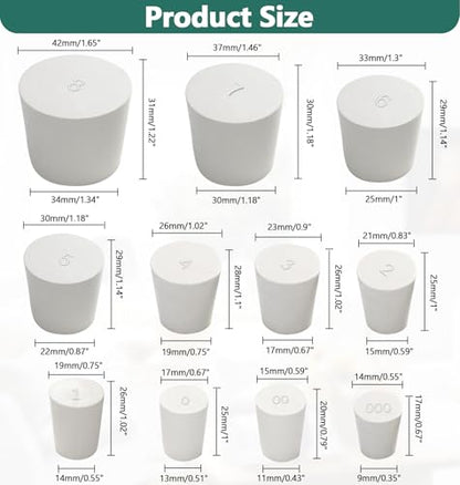 Bonsicoky 24 Pack Solid Rubber Stoppers, 11 Assorted Sizes (000#-8#) | White, Tapered Shaped, Lab Bungs Plug, For Flask, Plug Holes, Test Tube - size: 000# - 8# - 11 Assorted Sizes