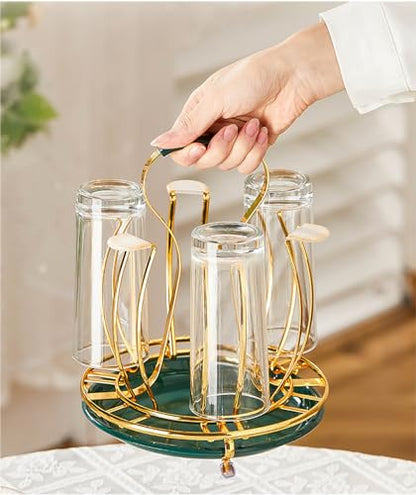 Cup Drying Rack Beer Glasses Stand 6 Mugs Metal Drainer Holder Non-Slip Mugs Organizer with Handle for Sink, Coffee Table, Outdoor - color: Green