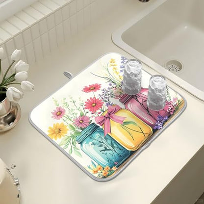 Mason Jar Flower Dish Drying Mat Dishes Pad Absorbent Fast Dry Dish Drainer Mat Protector for Kitchen Counter 18x14 Inches - size: 18" x 24"