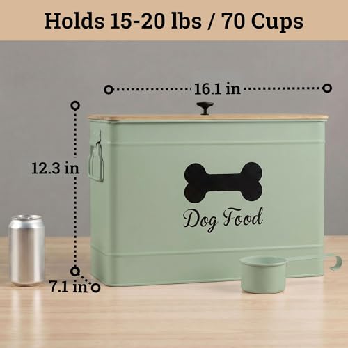 Dog Food Container Airtight Bamboo Lid 15-20 lb Sturdy Metal Handle 70 Cups | Pet Jar For Dogs up to 100lbs, Airtight Bamboo Lid, Sturdy Comfortable Metal Handle, Powder Coated Iron, Kibble Storage Bin - color: Sage Green