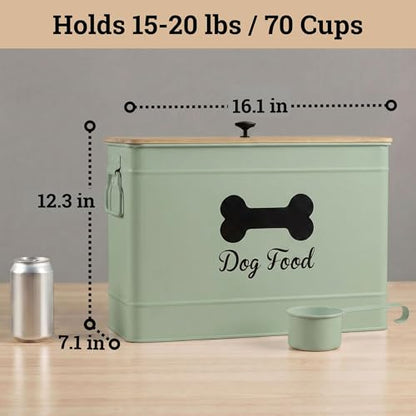 Dog Food Container Airtight Bamboo Lid 15-20 lb Sturdy Metal Handle 70 Cups | Pet Jar For Dogs up to 100lbs, Airtight Bamboo Lid, Sturdy Comfortable Metal Handle, Powder Coated Iron, Kibble Storage Bin - color: Sage Green
