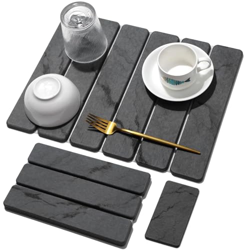 Small Stone Dish Drying Mat for Kitchen Counter, 2 PCS 16"×12" & 8"x4" Quick Dry Stone Mats, Foldable Water Absorbing Diatomaceous Earth Drying Dish Pad for Countertop Bottles Utensils Cups(Dark Gray) - color: Dark Gray, size: 16" x 12"