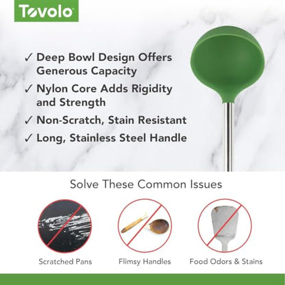 Tovolo Silicone Ladle With Stainless Steel Handle Deep Soup Ladle for Cooking Canning Serving Soup Punch Stew Sauce, Large Kitchen Utensil Spoon Dishwasher Safe BPA Free Silicone Pesto Green - color: Pesto