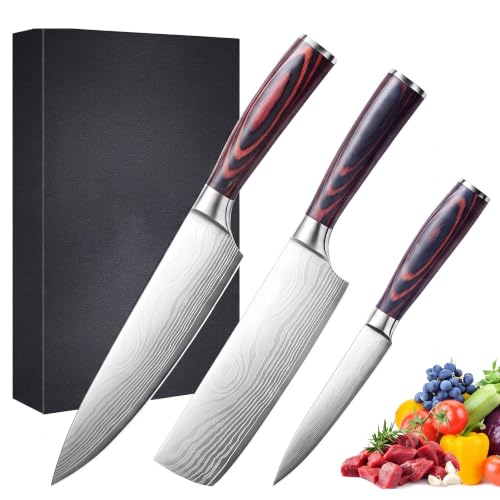 3 Pieces Chef Knife Set,Janpanese Knife | High Carbon Stainless Steel, Professional Kitchen , Ultra Sharp Chef Knives with Premium Gift Box, Ergonomic Pakkawood Handle