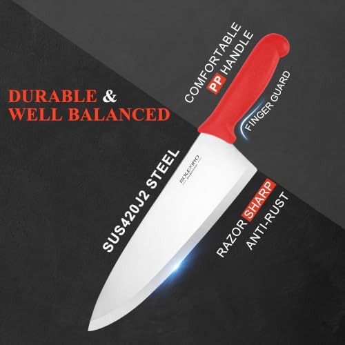 10 inch Japanese High Carbon Stainless Steel Chef Knife, Professional Sharp Wide Cook Knife with Non-slip Ergonomic Handle, for Kitchen Home Restaurant (Red) - color: Red