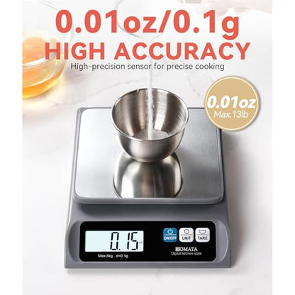 BOMATA 0.1g/ 13lb Food Scale, USB Rechargeable, Digital Kitchen Scale with Removable Stainless Steel Pan, Backlit LCD Display, for Cooking, Baking B621 Grey - color: Grey Rechargeable