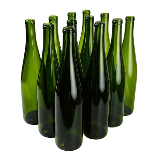 FastRack 750ml Green Glass Wine Bottles (Pack of 12) | W13 Stretch Hock Empty Bottles for Homemade Wine, Juice & Spirits – Green Liquor Bottles for Wine Making – No Corks Included - color: Green