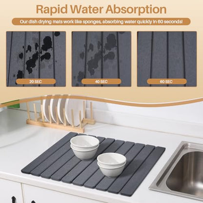 2 PCS Quick Dry Stone Dishes Mats for Kitchen Counter,Collapsible Quick Drying Dish Mats,Ultra Absorbent Diatomaceous Earth Mats for Dishes Bottles Cups, Match Any Countertop（Dark Gray 24"×16"& 8"x4"）