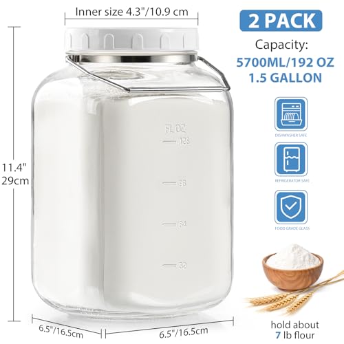 Sovietiep 1.5 Gallon Wide Mouth Glass Storage Jars, Large Glass Jar, 2 Pack | 2 Pack with Airtight Lid & Stainless Handle, 4.3" Wide Mouth, Food Grade Canisters, Gallon Glass Jars with ML/OZ Scale Line