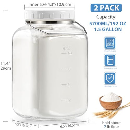 Sovietiep 1.5 Gallon Wide Mouth Glass Storage Jars, Large Glass Jar, 2 Pack | 2 Pack with Airtight Lid & Stainless Handle, 4.3" Wide Mouth, Food Grade Canisters, Gallon Glass Jars with ML/OZ Scale Line