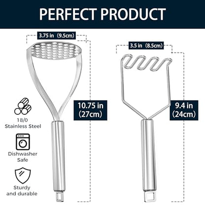 18/0 Stainless Steel Potato Mashers, 10.7-in Kitchen Masher Tool for Avocado Vegetable Sauce Butter, Heavy Duty, Dishwasher Safe, Pack of 2 - size: Potato mashers - 2PCs