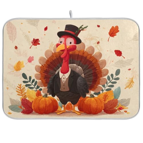 Kcldeci Cute Cartoon Turkey Dish Drying Mat Kitchen Counter Mat Draining Mat Kitchen Accessories Dish Rack Pad for Dishes, Utensils, Countertops, Sinks 18x24in - color: cute cartoon turkey, size: 18x24in