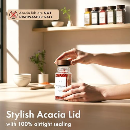 EDELHAUS Glass Spice Jars with Label, 24x Acacia Wooden Lids - White Labels | Airtight acacia lids keep spices fresh; use as a spice organizer, seasoning containers or 4 oz jar set; funnel & 240 labels - color: Acacia Lid + White Labels