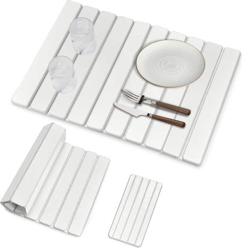 Large Stone Dish Drying Mats for Kitchen Counter, Quick Drying Collapsible Dish Drying Mat, Eco-Friendly Absorbent Diatomaceous Earth Mats for Dishes Cups, Match Any Countertop (White 24"×16" & 8"x4") - color: White, size: 24" x 16"