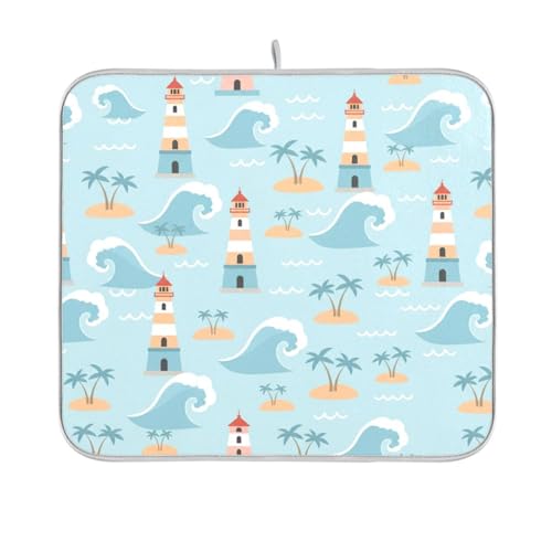 Ocean Lighthouse Palm Tree Dish Drying Mat for Kitchen Counter Super Absorbent Draining Mat with Non-slip Backed Dish Drying Pad for Countertops Sinks Draining Racks Dish Bottles Cups Bowl