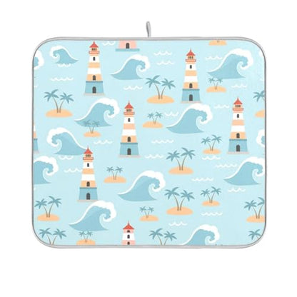 Ocean Lighthouse Palm Tree Dish Drying Mat for Kitchen Counter Super Absorbent Draining Mat with Non-slip Backed Dish Drying Pad for Countertops Sinks Draining Racks Dish Bottles Cups Bowl