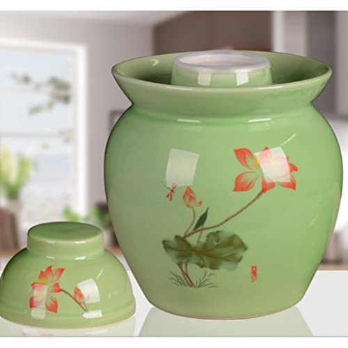 ZHOUXIAO Green Traditional Chinese Porcelain Pickle Jar Lotus, Ceramic Fermentation Crock Pickling Pot,Fermenting Jar with Water Seal Airlock Lid Stoneware Fermenter for Kimc 1.5KG
