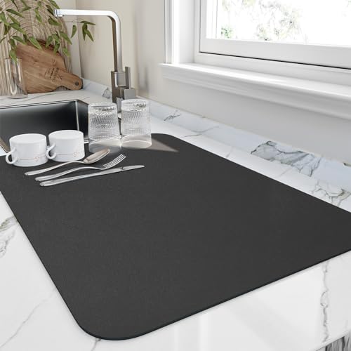 HotLive Dish Drying Mat for Kitchen Counter, Heat Resistant Drainer Mats with Non-slip Rubber Backed, Hide Stain Kitchen Super Absorbent Draining Mat, Easy to Clean Dish Rack Pad, Black 18"x24" - color: Black, size: 18" x 24"