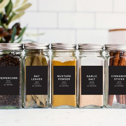 230 Black Spice Labels by ThreeKin | Waterproof & Oil-Resistant Pre-Printed Stickers for Spice Jars | Durable, BPA-Free Seasoning Labels | Easy-Clean, No-Residue Design | Proudly Female & USA Owned - color: Black