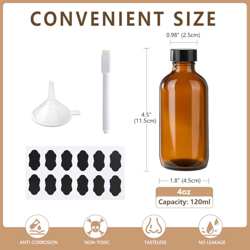 24 Pack 4 oz Amber Boston Glass Bottle with Black Poly Cap, Funnel, Chalk Labels, Pen for Homemade Vanilla Extract, Essential Oils, Wedding, Christmas, Holiday Gift - size: 4oz 24Pack
