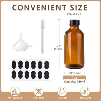 24 Pack 4 oz Amber Boston Glass Bottle with Black Poly Cap, Funnel, Chalk Labels, Pen for Homemade Vanilla Extract, Essential Oils, Wedding, Christmas, Holiday Gift - size: 4oz 24Pack
