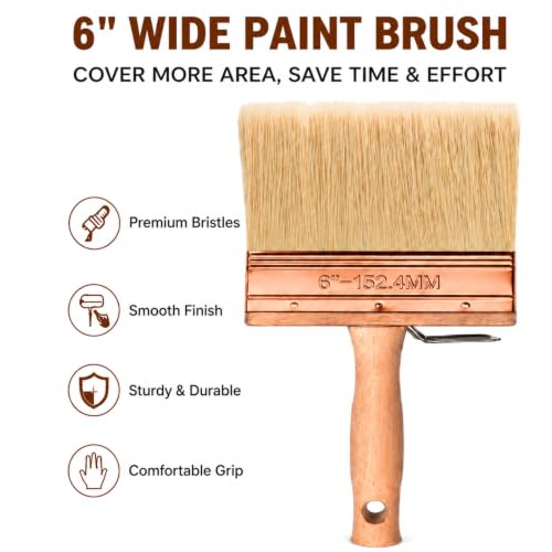 Deck Stain Brush 6", Attachable Paint Brush with Wooden Handle | Ergonomic wooden handle, Soft shed-resistant bristles, Detachable design, Washable & reusable, For furniture refinishing - color: 6 Inch