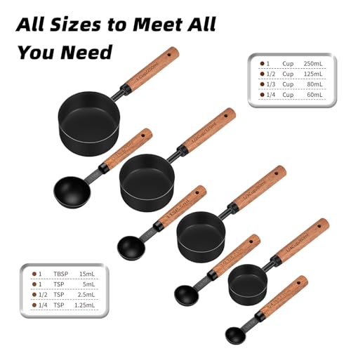 Wooden Handle Measuring Cups & Spoons Set 8-Piece – Stainless Steel, Stackable, Rustic Farmhouse Kitchen Gadgets, Non-Toxic, Dishwasher Safe, Gift for Bakers & New Homeowners - size: Black-wood handle