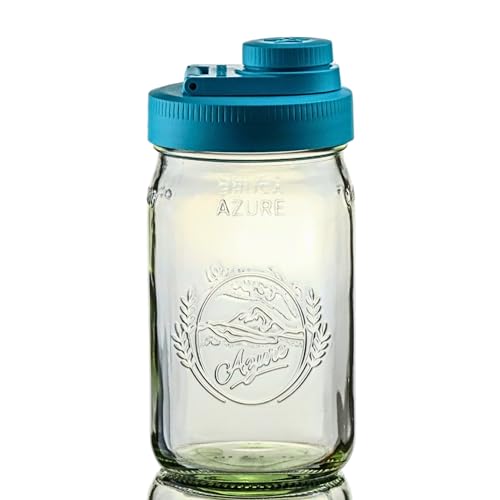 Brewing America Glass Mason Jar Pitcher with Lid - Azure Jar, 1 Quart (32 oz) with Teal Wide Mouth Pour Lid, for Smoothie, Boba, Sun Tea, Cold Coffee Glass Tumbler Cup, 1-Pack - color: Teal
