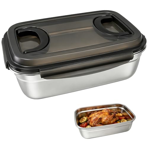 186 oz Stainless Steel Food Storage Container with Lids, 13.0 x 9.6 x 5.1 in Leakproof Kimchi Container with Handles, Large Food Storage Containers for Roasting Turkey, Kimchi, Fruits, Party, Kitchen
