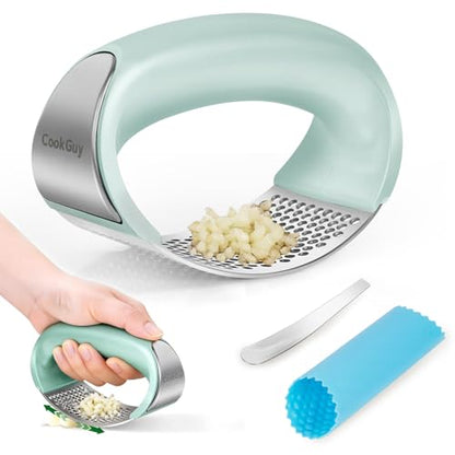 Cook Guy 304 Stainless Steel Garlic Press Rocker Set - Premium Garlic Mincer, Crusher, Peeler, and Scraper Tool for Effortless Mincing - Comfortable Grip Garlic Grinder (Green) - color: Green