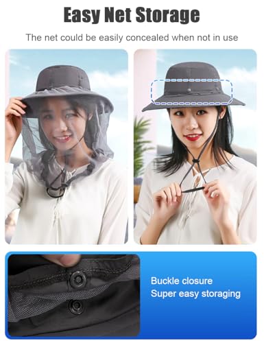 Wide Brim Bucket Sun Hat with Concealable Mosquito Mesh, Adjustable Chin Strap for Fishing, Gardening, Hiking & Camping - color: Dark Gray