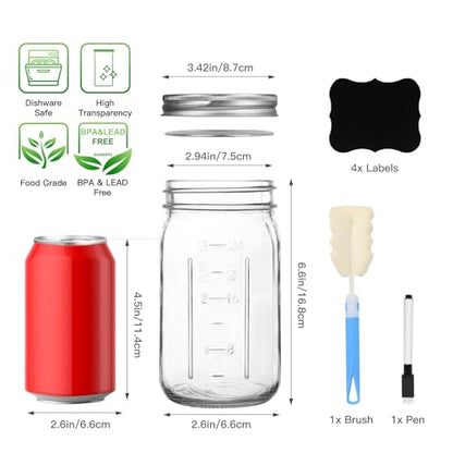 STARSIDE Mason Jars 32oz 4-Pack with Wide Mouth Airtight Lids | 1L Glass Canning Jars with Measuring Marks for Pickles, Jams, Salad, Food Storage, Includes Labels, Pen & Brush