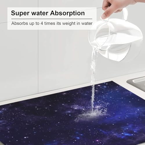 Galaxy Starry Night Sky Stars Dish Drying Mat for Kitchen Counter 18 x 24 inch Cosmic Starry Dish Drainer Rack Mats with Hanging Loop Universe Nebula Space Dishes Drainer Pads Drying Pad - color: Dark Blue