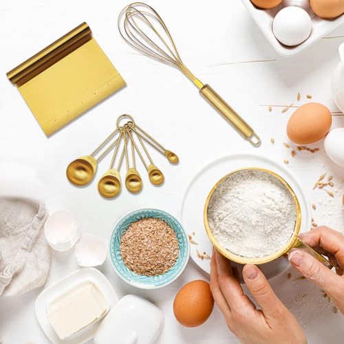 Gold Flour Sifter Baking Tool Set, findTop Stainless Steel 4-Piece Kit with 10" Whisk, Dough Scraper & 5 Measuring Spoons, Mirror Polished, Easy to Clean, for Cake Bread Cookie Prep
