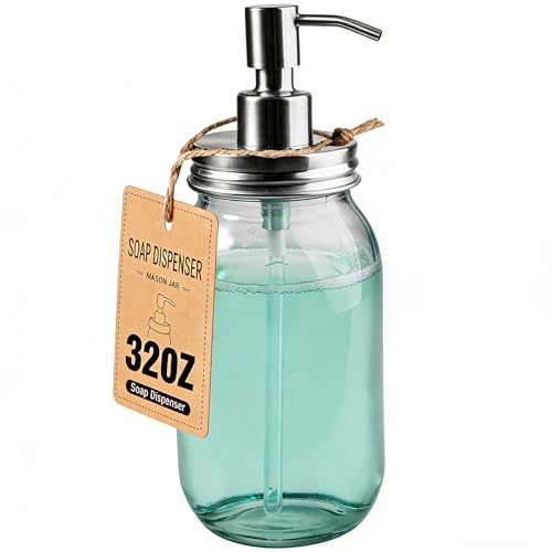Amolliar Quart Size Mason Jar Liquid Soap Dispenser, 32OZ Glass Pump Bottle Rustproof Stainless Steel Pump Lid Lotion Dispenser, Regular Mouth Dish Soap Dispenser for Bath, Hand Soap, Silver 1 Pack - color: Silve, size: 1 Pack