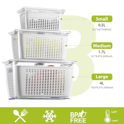 LUXEAR Fresh Container, 3PACK Produce Saver Container BPA Free Fridge Organizer for Vegetable Fruit and Salad Partitioned Food Storage Container with Vents Stay Fresh Containers Not Dishwashers Safe - color: White
