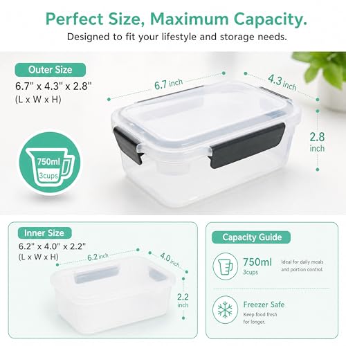 YORY 3cup Plastic Food Storage Containers With Lids For Portion Control,5pk | BPA free,Stackable and Nestable,Snaplock Lid ,Freezer Dishwasher Microwave Safe - size: 3 cups