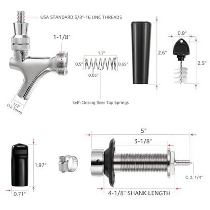 4-1/8" Shank Leak-Free Stainless Steel Core Beer Faucet 1/4" Barb Draft Beer Faucet Beer Shank Chrome Plated Tap for Homebrew Kegerator Parts - size: 4" Shank