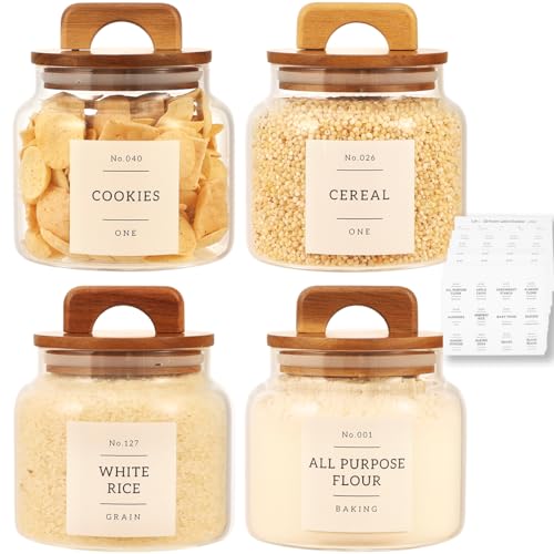 4 Pack Glass Pantry Storage Containers with 132 Pantry Labels - 37 FL OZ Kitchen Glass Canisters with Bamboo Airtight Lids - Farmhouse Glass Pantry Jars for Cookie, Rice, Pasta, Cereal, Bath Salt - size: 37OZ-4PACK