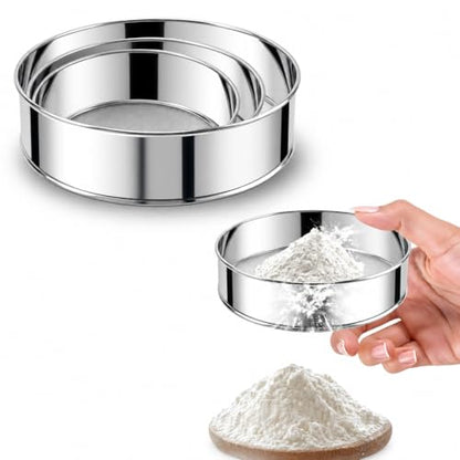 3-Piece Fine Mesh Sieve Set with brush and spatula, Stainless Steel Round Flour Sifter for Baking, Straining and Sifting, Includes 8-Inch 60 Mesh, 6-Inch 40 Mesh and 4-Inch 40 Mesh Sieves