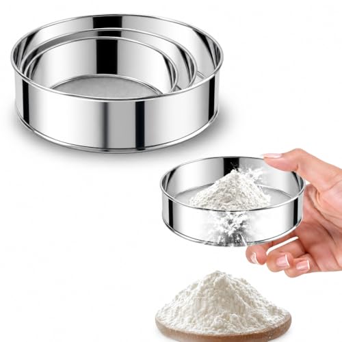 3-Piece Fine Mesh Sieve Set with brush and spatula, Stainless Steel Round Flour Sifter for Baking, Straining and Sifting, Includes 8-Inch 60 Mesh, 6-Inch 40 Mesh and 4-Inch 40 Mesh Sieves