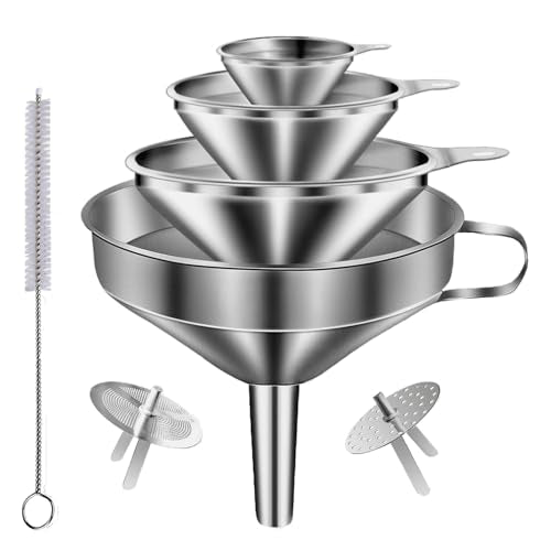 Stainless Steel Funnels for Kitchen use,4PCS Kitchen Metal Funnel with 2 Removable Strainer,Cleaning Brush.Funnel for Filling Bottles,for Transferring of Liquid,Oils,Jam (5.1",3",2.2",1.8") - size: Funnel set of 4