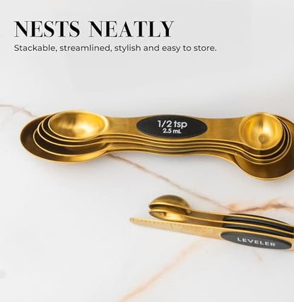 Magnetic Measuring Spoons Set – Stainless Steel Gold Measuring Spoons for Cooking and Baking – Cute and Durable Gold Kitchen Accessories - Great for Gifting - color: Black & Brass Gold