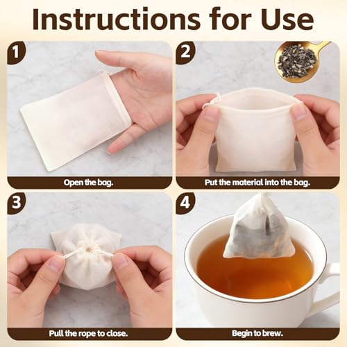 20 Pack Reusable Tea Bags, Natural Unbleached Muslin Bags with Drawstring, Spice Bags for Cooking, Loose Leaf Tea, Herbs & Coffee, Fine Mesh Filter Bags (3 x 4 in)