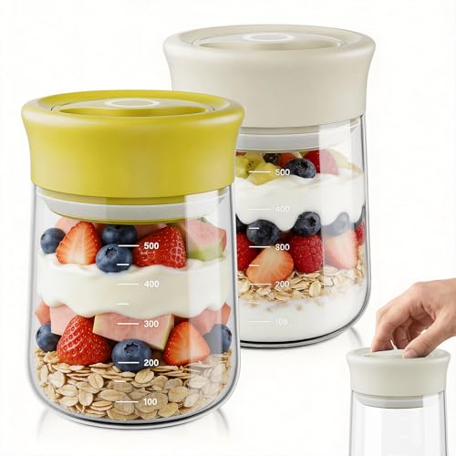 OURCABECUE Wide Mouth Mason Jar 16oz, Newly Upgraded Easy Open Rotating Lid, Food Grade Glass Storage Jar set of 2, for Meal Prep Overnight Oats Yogurt Snacks Candy Jars - color: Yellow+White 2PC, size: 16OZ