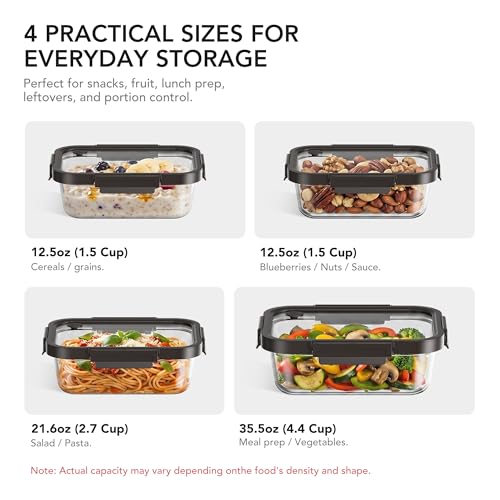 GENICOOK Glass Meal Prep Containers with Glass Lids, 4 Pack Airtight Glass Food Storage Containers, Borosilicate Glass Lunch Containers for Healthy Meal Prep, Microwave Oven Dishwasher Safe, BPA Free - color: black
