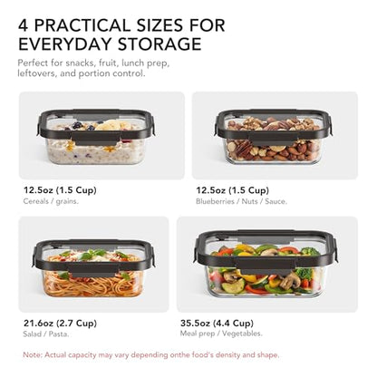 GENICOOK Glass Meal Prep Containers with Glass Lids, 4 Pack Airtight Glass Food Storage Containers, Borosilicate Glass Lunch Containers for Healthy Meal Prep, Microwave Oven Dishwasher Safe, BPA Free - color: black