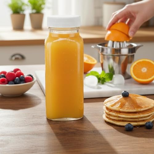 kitchentoolz 8oz Square Glass Juice Shot Bottle with Lid – 4 Pack 8 oz Milk Glass Bottles with Lids for Lunch Box, Airtight Reusable Drinking Jars for Smoothies, Yogurt, Kefir, Juice & Water - color: 8oz, style: 4 Pack