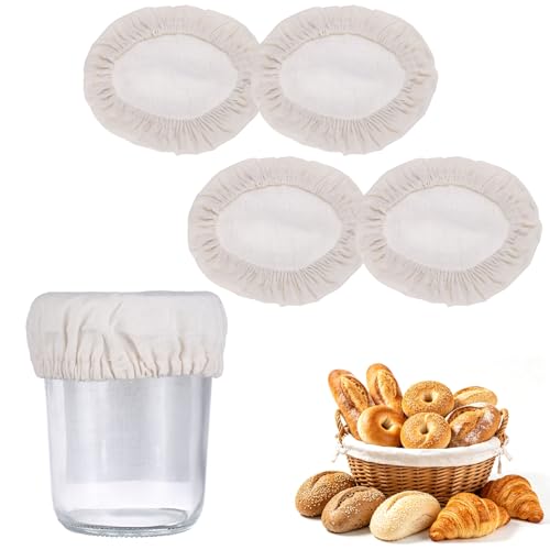 uxcell 4Pcs Sourdough Jar Cover, 100mm Wide Sourdough Starter Jar Covers Cloth Reusable Breathable Cotton Container Elastic Top Fermentation Lids for 2.7"-3.1"D Bowl & Jar Mouth, Beige - size: 100mm 2.7"-3.1"